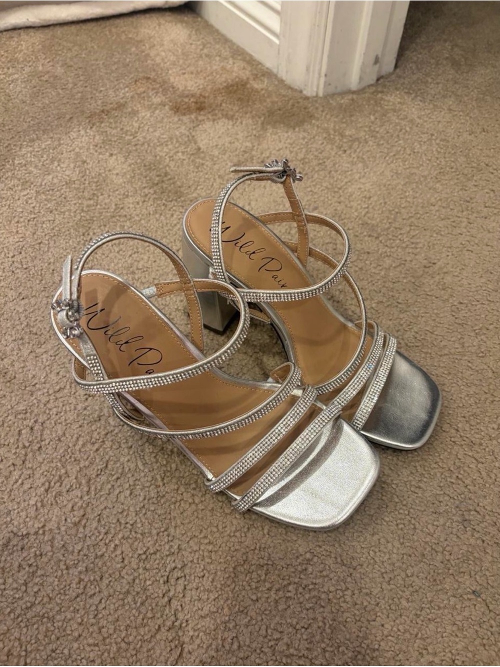 Wild Pair Silver Rhinestone Strappy Block Heels